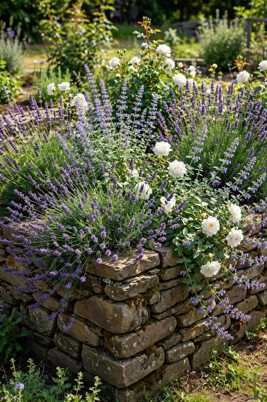 Dry stacked fieldstone raised garden overflowing with lavender, catmint and white roses in bright summer sunlight