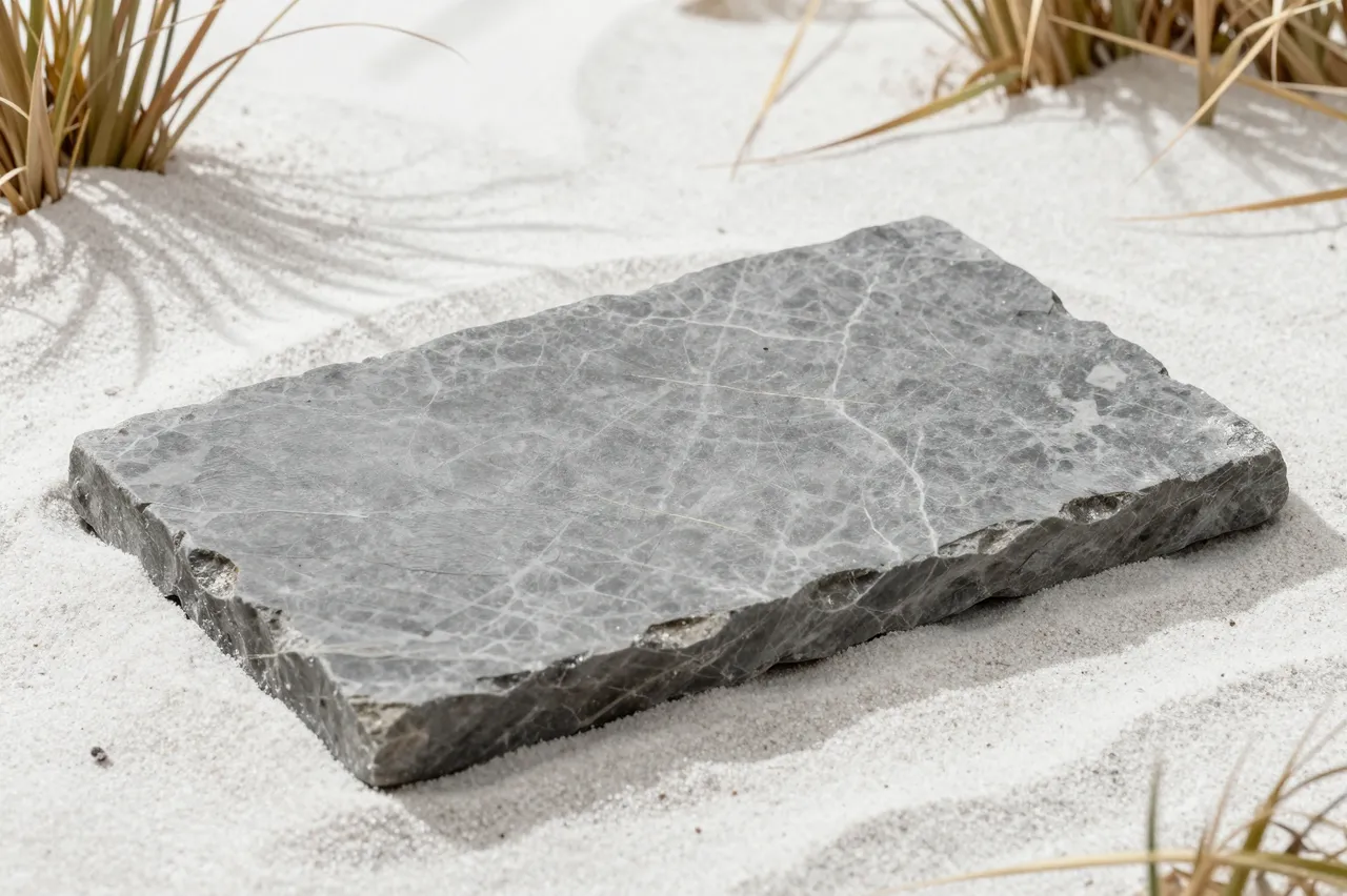 A rough-edged gray stone slab rests on pale white sand framed by tufts of dried grasses.