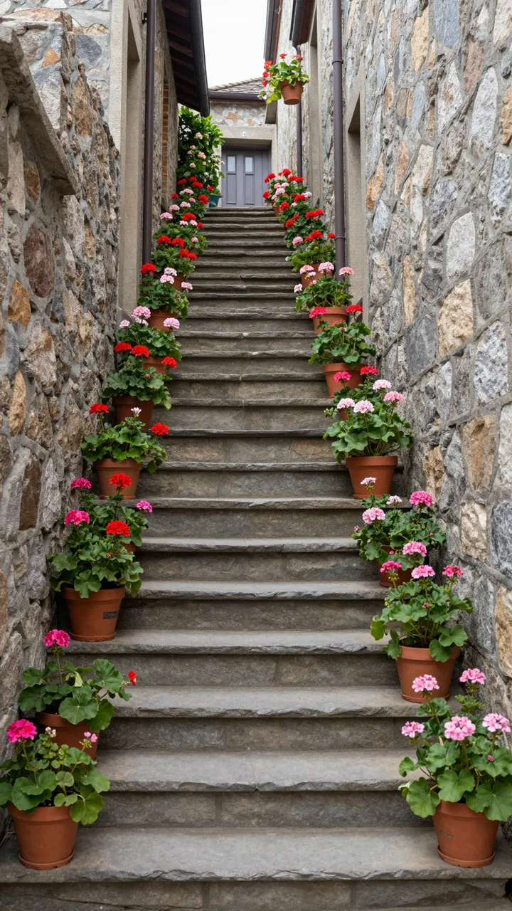 A narrow stepped stone alley lined with potted geraniums climbs between rough stone houses