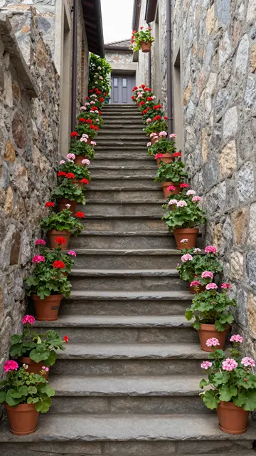 A narrow stepped stone alley lined with potted geraniums climbs between rough stone houses