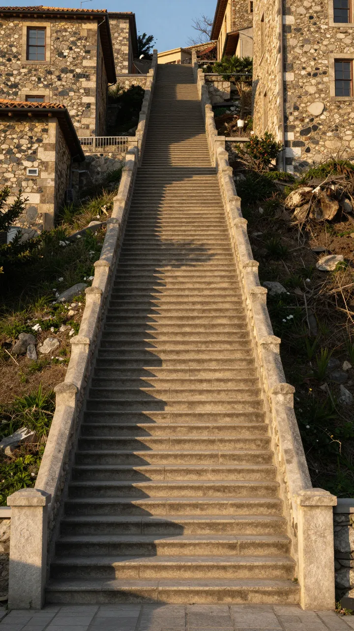 A long vertical stone staircase climbs between rustic stone buildings at warm golden hour