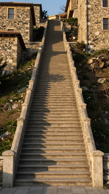 A long vertical stone staircase climbs between rustic stone buildings at warm golden hour