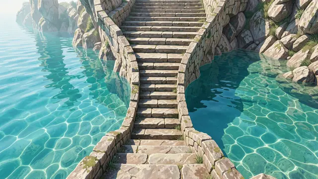 Weathered stone staircase descends between rock banks into clear bright turquoise water