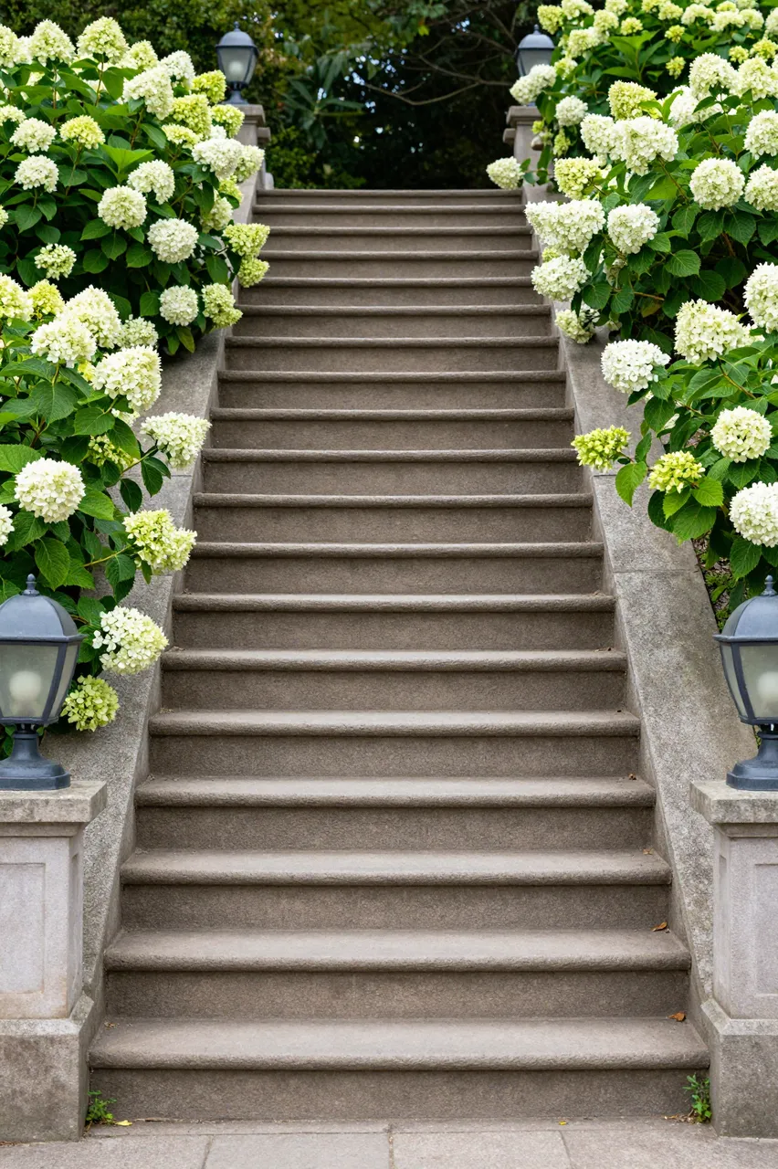 Old stone park stairs lined with white hydrangea bushes and vintage lamp posts leading into greenery