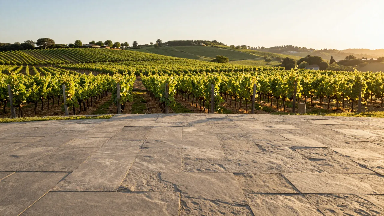 Flagstone terrace looks out over neat vineyard rows during warm golden hour light
