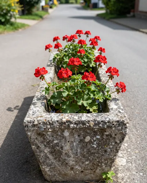 Weathered old stone water trough filled with bright red geraniums sits on a quiet village lane at midday