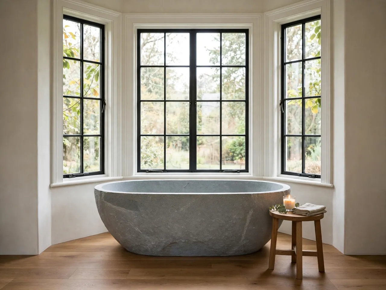 Freestanding gray stone bathtub sits beneath a black-framed bay window next to a wooden side table with a lit candle and