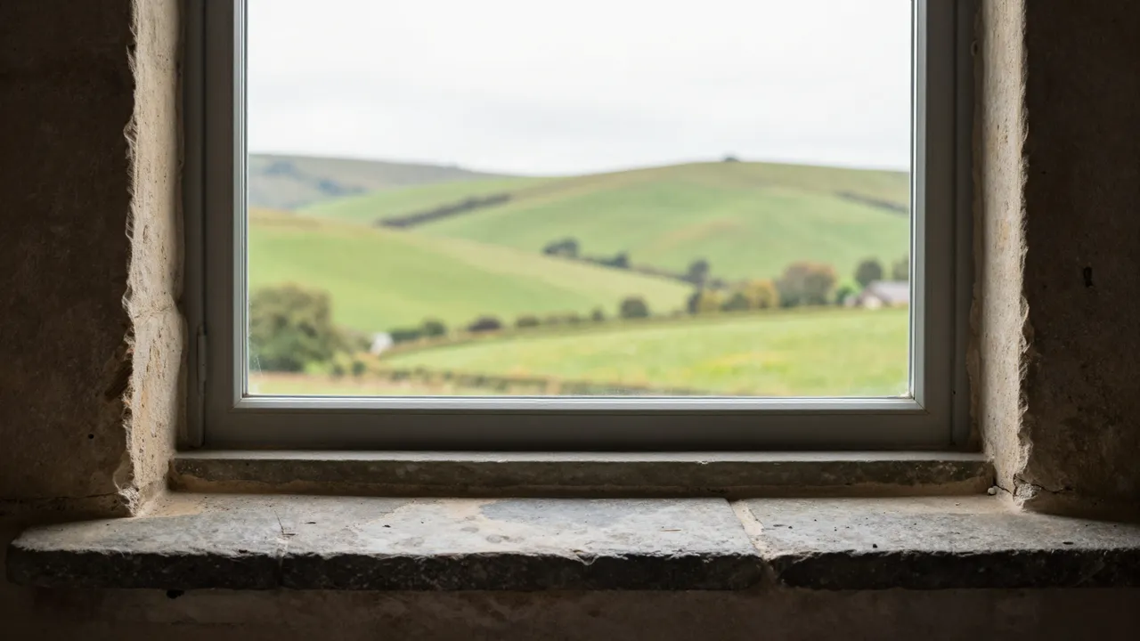 Rough stone cottage window seat frames a view of rolling green countryside hills under overcast sky