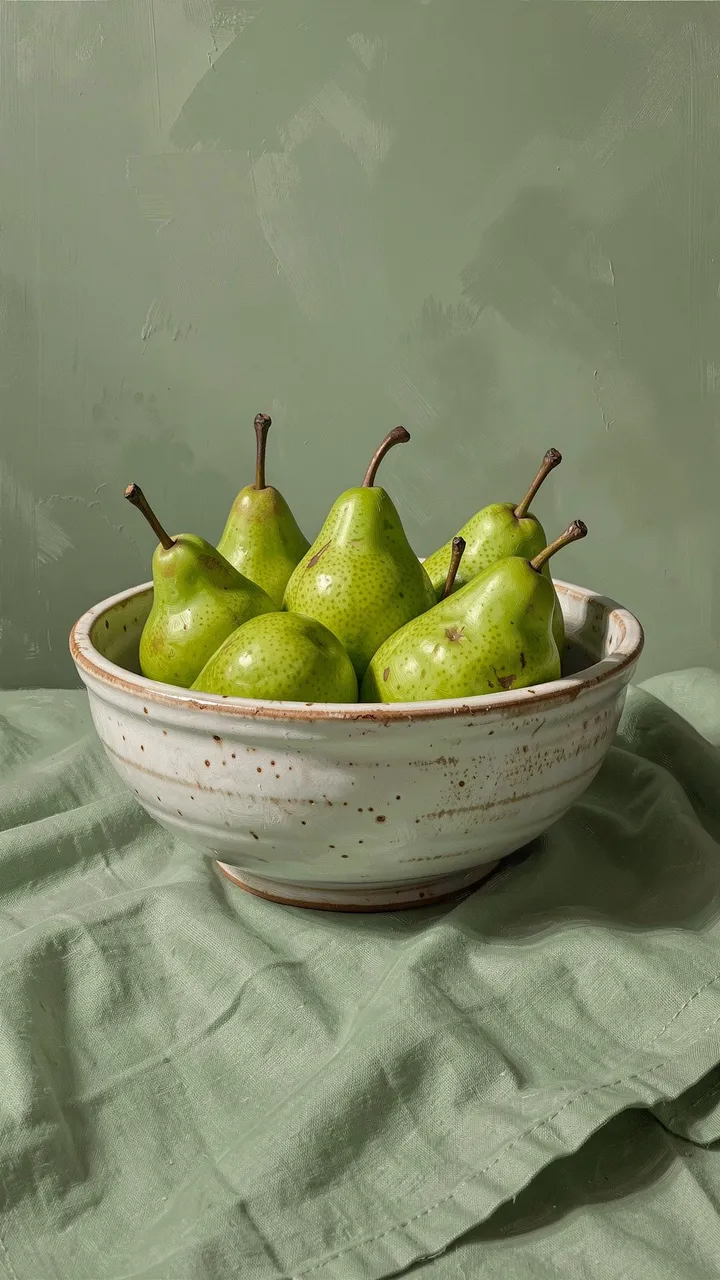 Speckled stoneware bowl holding green pears resting on sage linen against a sage green background