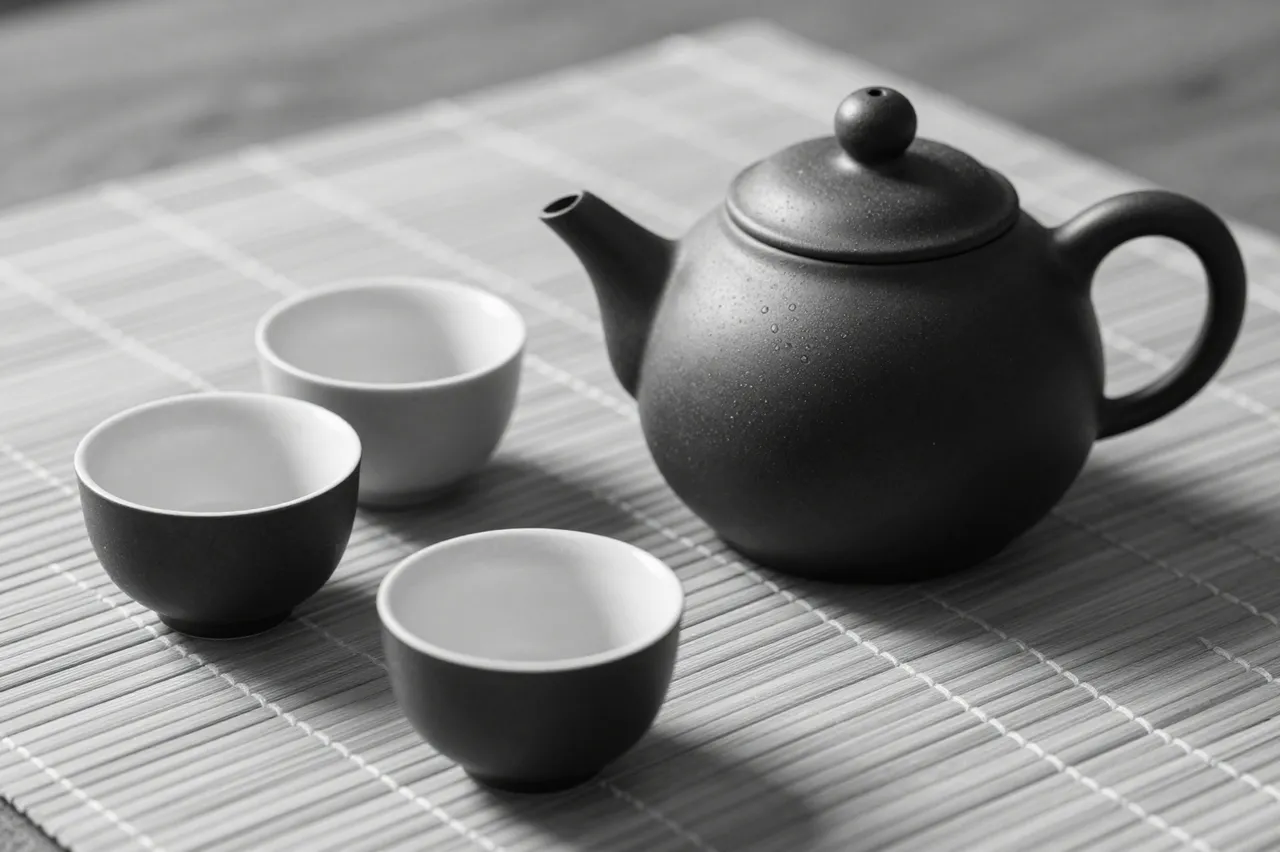 Black and white still life of a dark stoneware teapot with three small cups resting on a woven bamboo mat