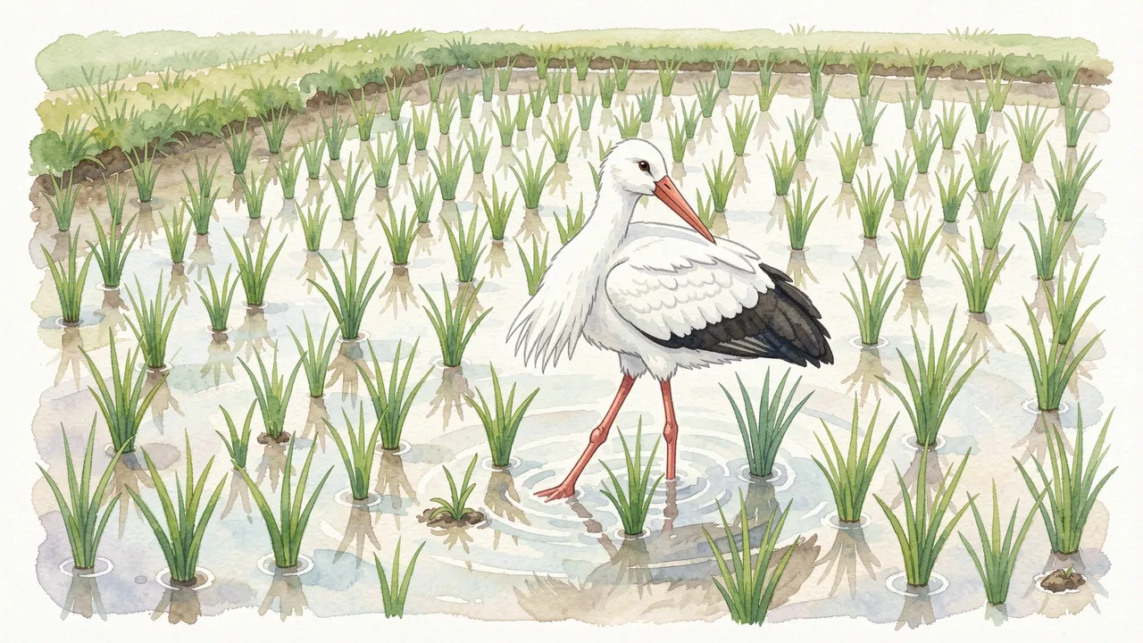 A white stork stands in a flooded rice paddy with neatly planted green seedlings in soft watercolor style