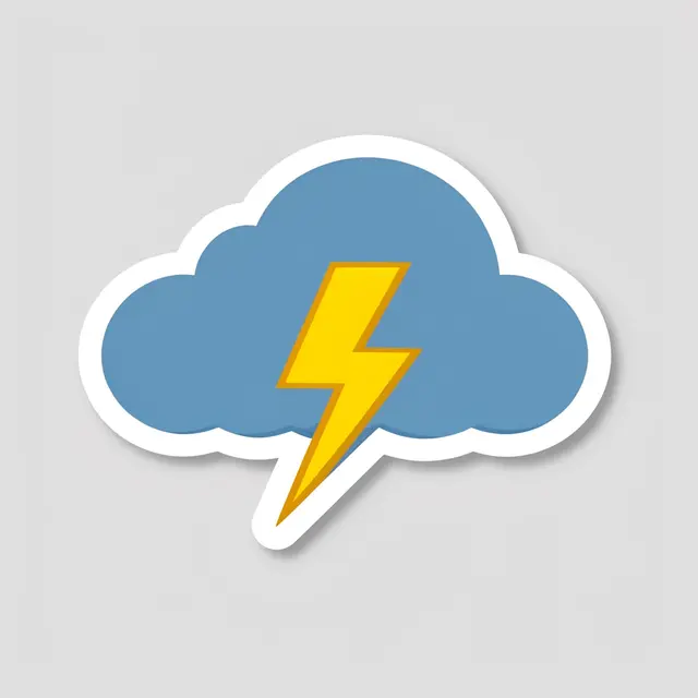 Flat die-cut sticker of a blue storm cloud with a yellow lightning bolt and thick white border on a light gray background