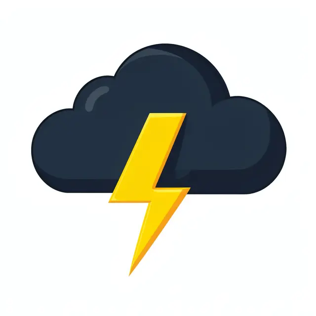 A stylized dark storm cloud with a bright yellow lightning bolt isolated on a plain white background