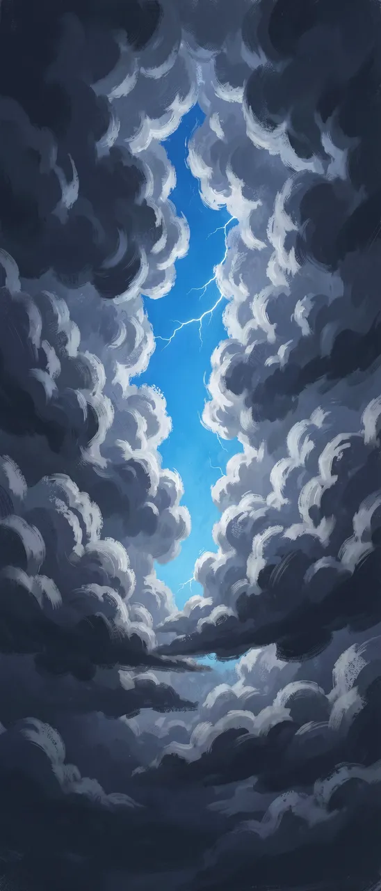 Dramatic storm clouds part to reveal a bright blue vertical sky gap with crackling lightning