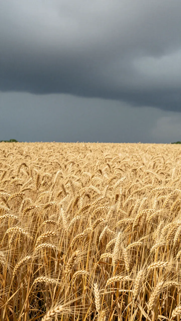Dense golden barley fills the frame beneath heavy dark storm clouds overhead