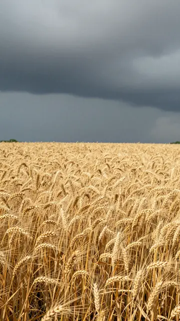 Dense golden barley fills the frame beneath heavy dark storm clouds overhead