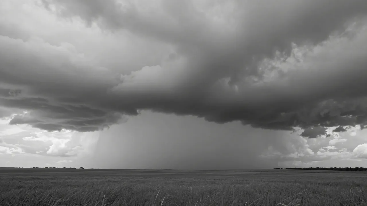 Black and white view of heavy storm clouds hanging over a wide empty grassy plain