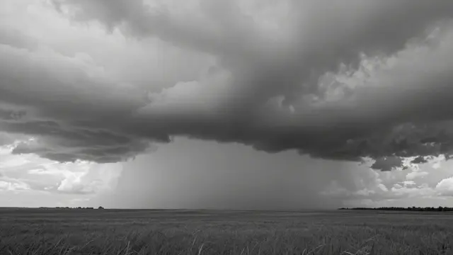 Black and white view of heavy storm clouds hanging over a wide empty grassy plain