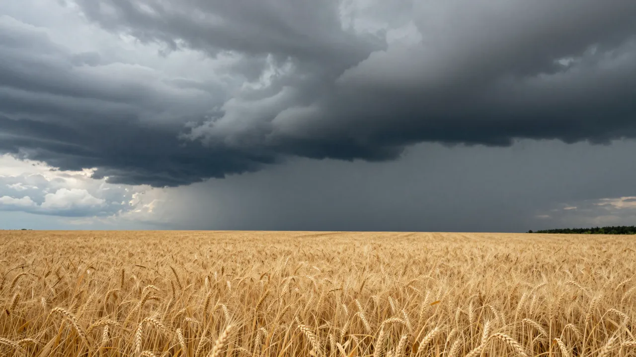Dark dramatic storm clouds hang low over a vast golden ripe wheat field before rainfall