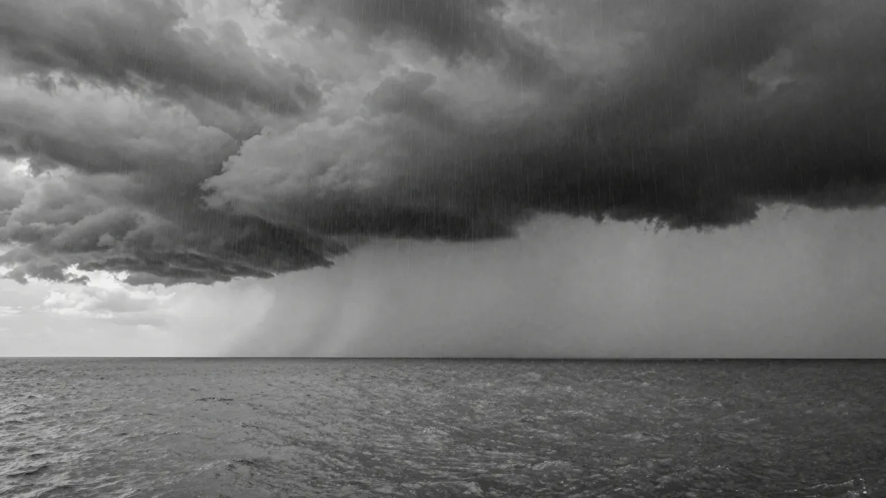Black and white view of heavy rain curtains falling from dark squall clouds over a calm sea