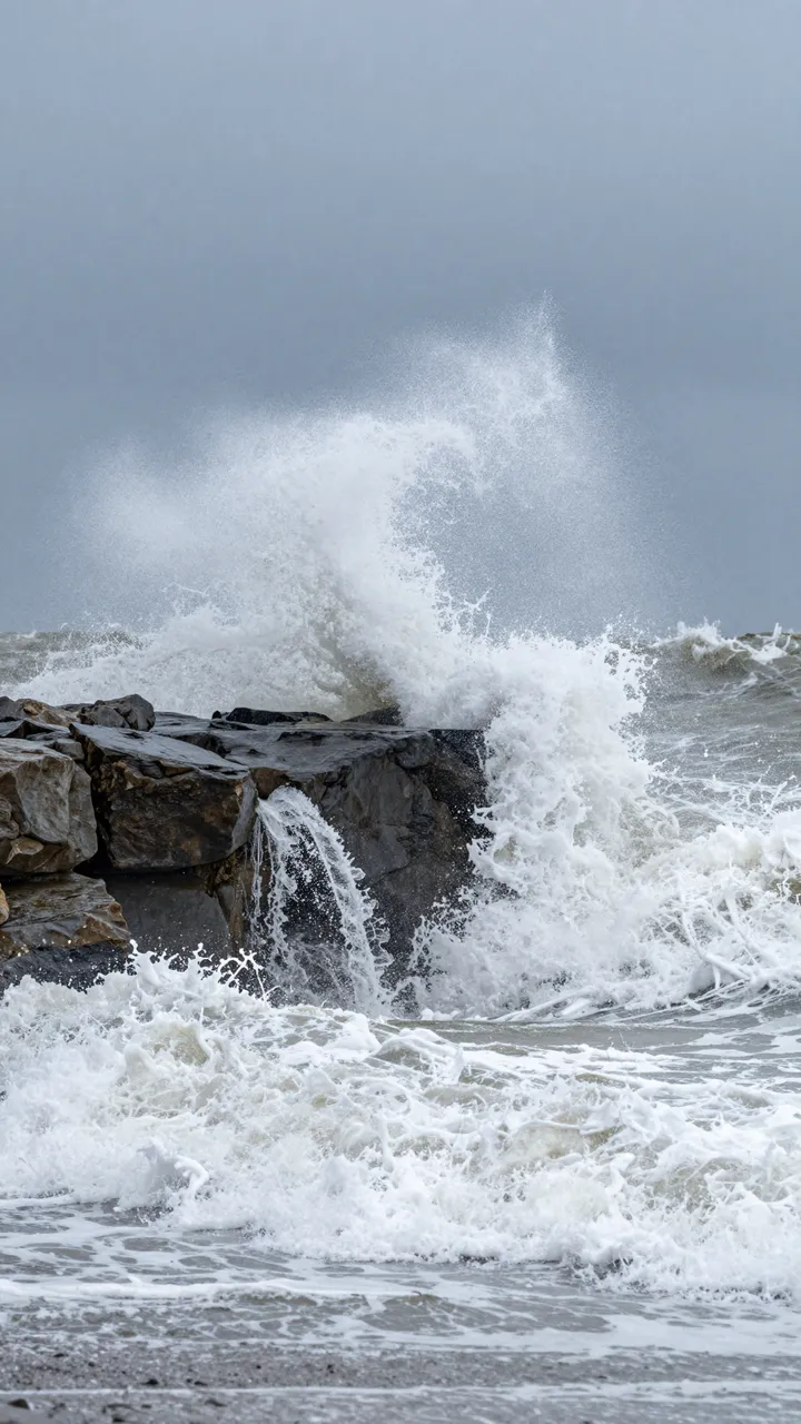 Turbulent storm waves crash and spray over dark coastal rock under an overcast slate sky