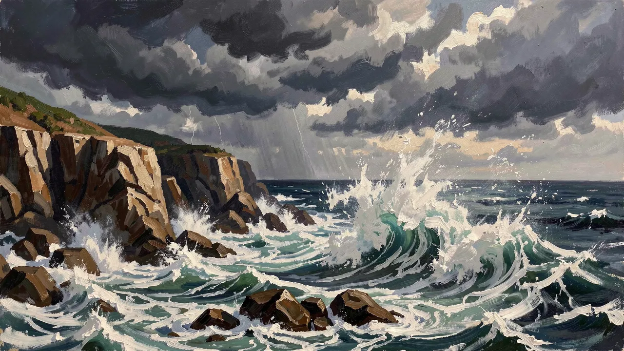 Textured oil painting of crashing ocean waves against rocky cliffs under a stormy, rain-heavy sky