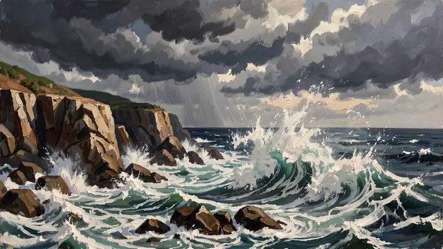 Textured oil painting of crashing ocean waves against rocky cliffs under a stormy, rain-heavy sky