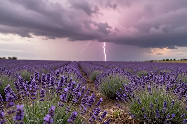 Rows of purple lavender stretch to the horizon as lightning strikes beneath pink storm clouds at dusk