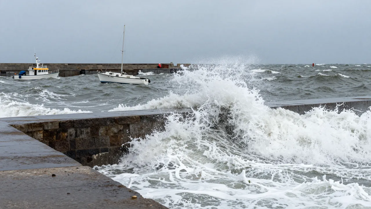 Waves crash over a stone harbor breakwater as small boats toss in choppy gray storm water