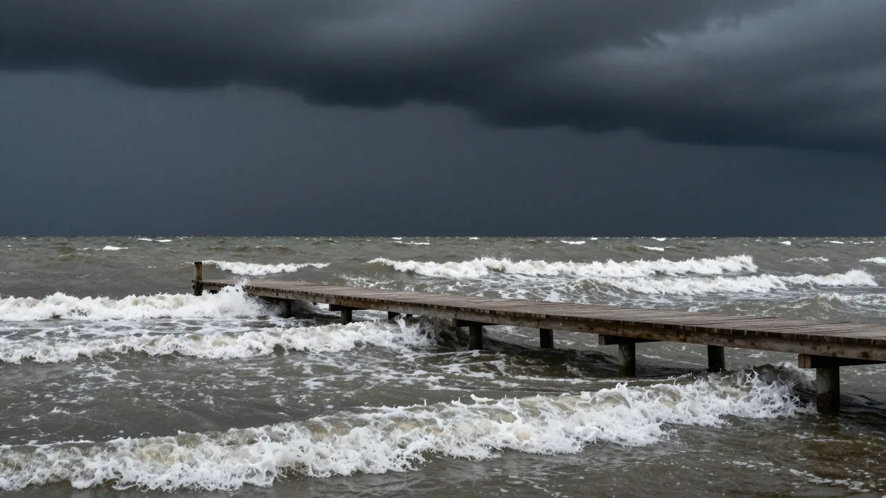 A weathered wooden jetty extends into choppy whitecapped water under a dark stormy sky