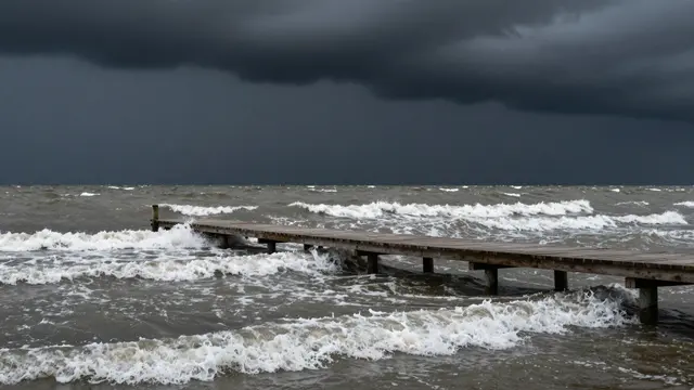 A weathered wooden jetty extends into choppy whitecapped water under a dark stormy sky