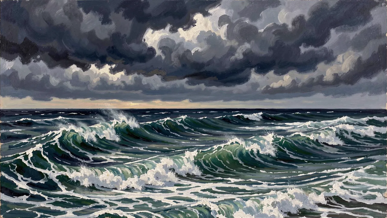 An oil painting depicts churning rolling ocean waves beneath heavy dark storm clouds