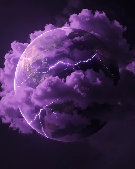 A spherical world wrapped in thick violet clouds has bright lightning arcing across its shadowed side