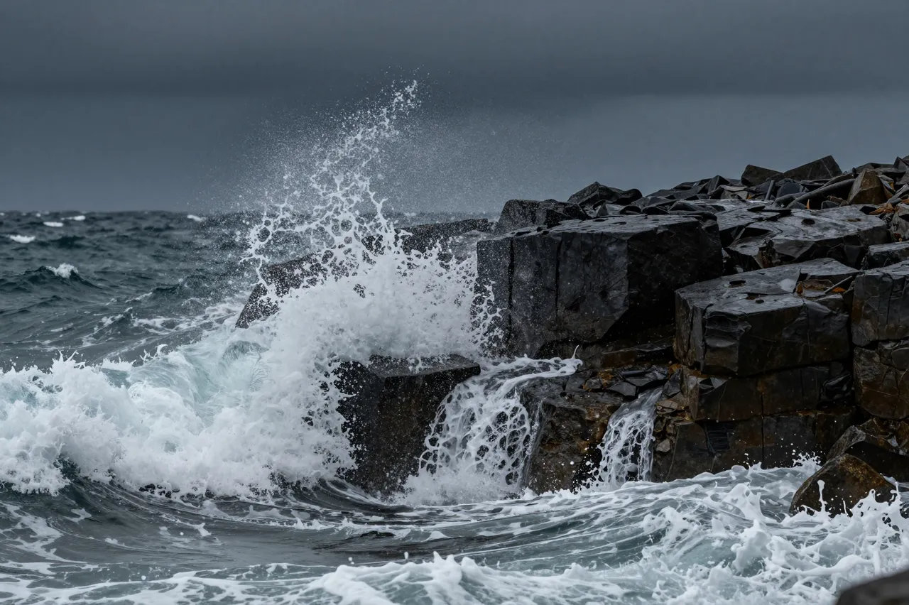 Turbulent storm waves crash against dark basalt rocks, sending frothy spray into the overcast sky