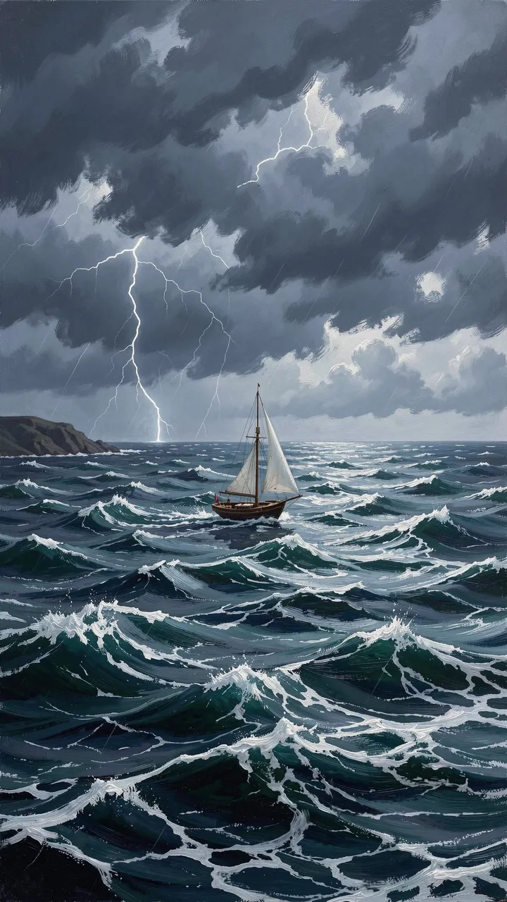 A small sailboat navigates rough storm-tossed ocean waves under a lightning-streaked dark sky