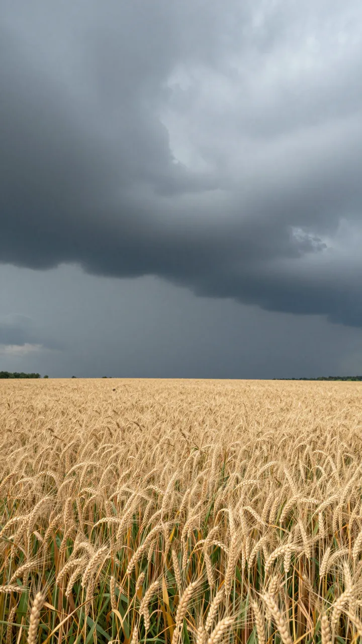 Dark heavy storm clouds hang above a vast golden ripe wheat field stretching to the horizon