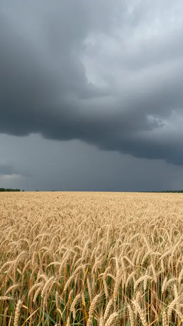 Dark heavy storm clouds hang above a vast golden ripe wheat field stretching to the horizon