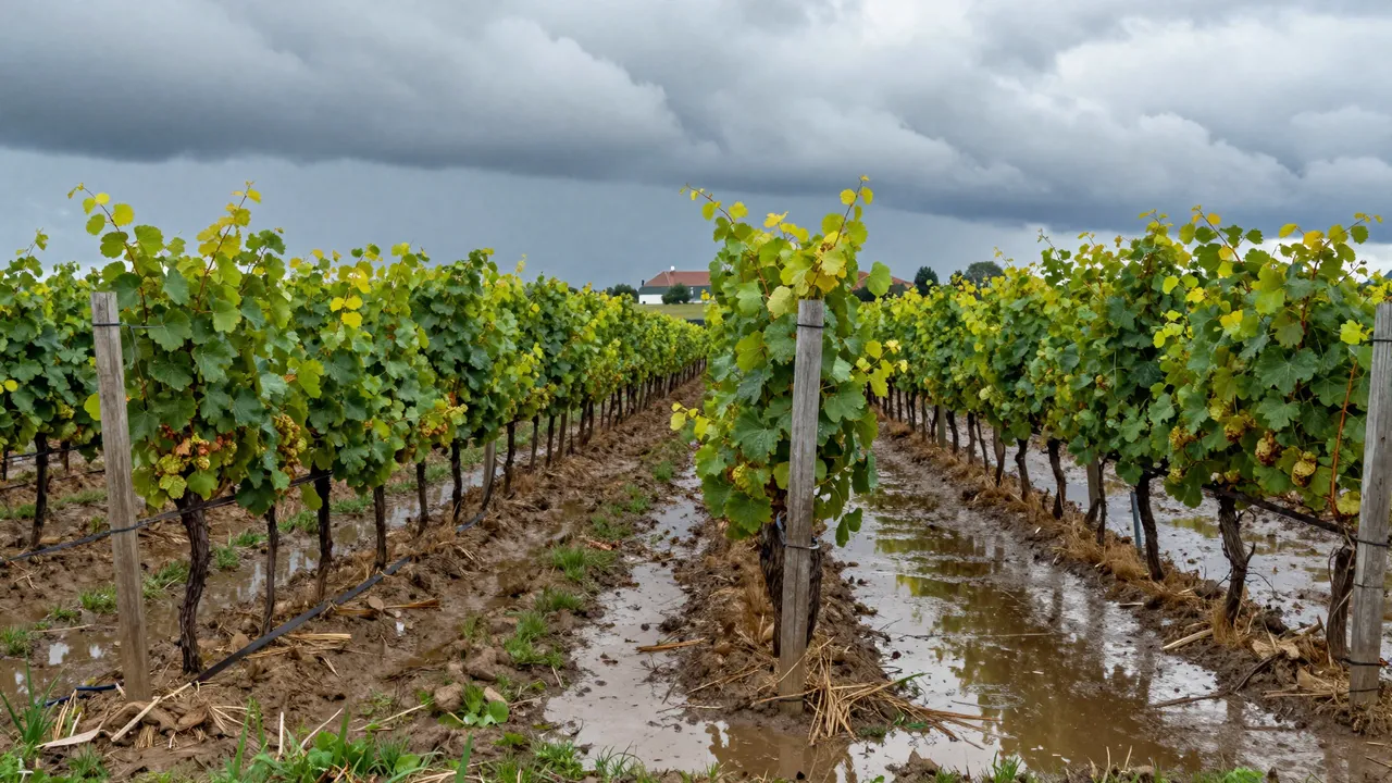 Rows of grapevines line muddy puddled vineyard paths under a dark stormy sky with a distant farmhouse