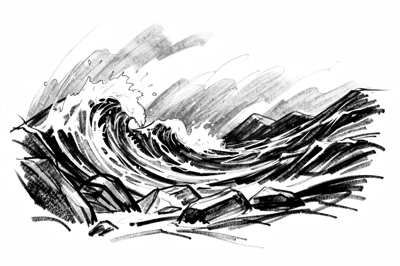 Loose bold charcoal sketch of crashing stormy sea waves against jagged rocks on a white paper background