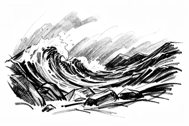 Loose bold charcoal sketch of crashing stormy sea waves against jagged rocks on a white paper background