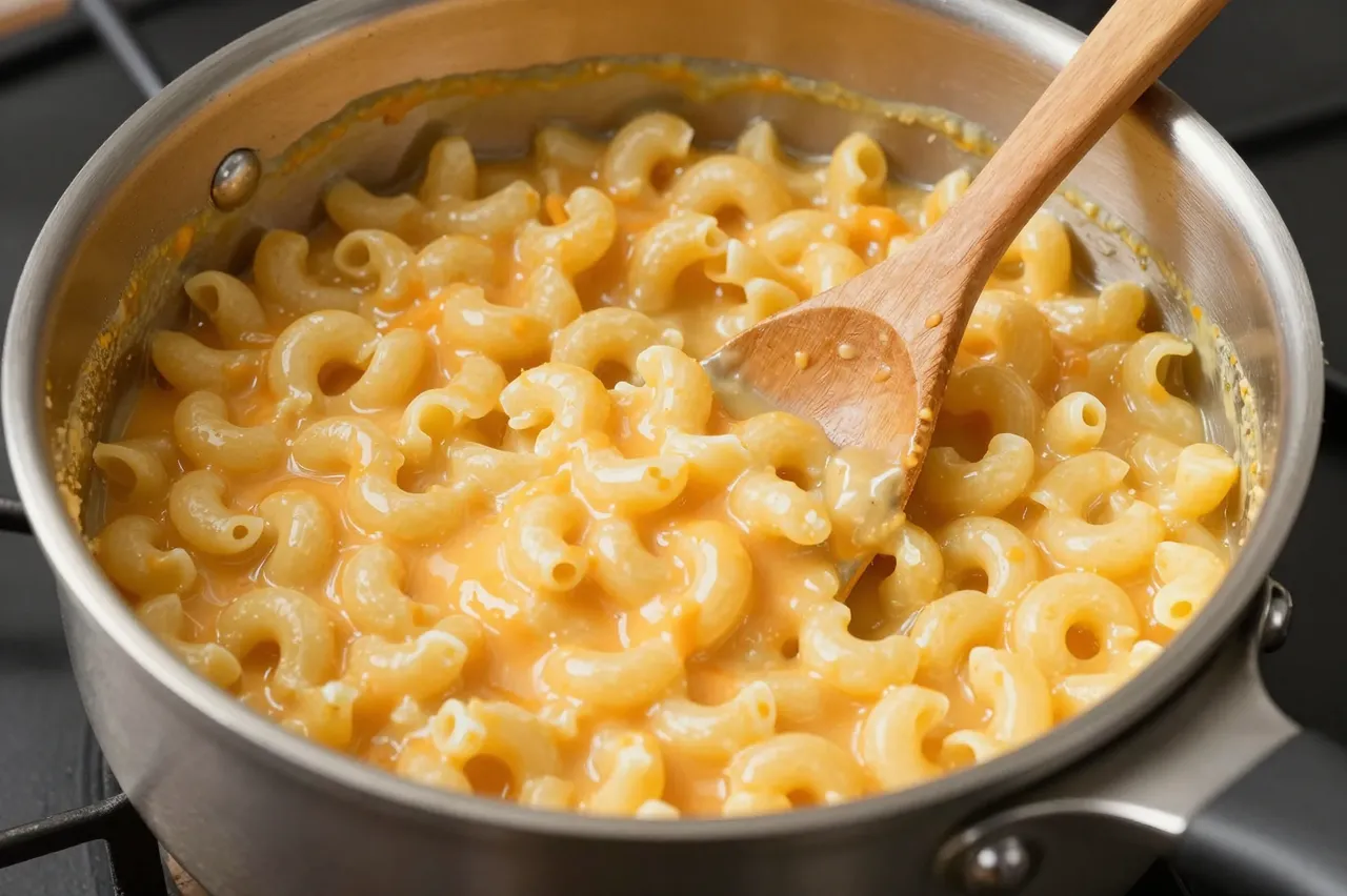 Creamy orange stovetop mac and cheese sits in a stainless steel saucepan with a resting wooden spoon.
