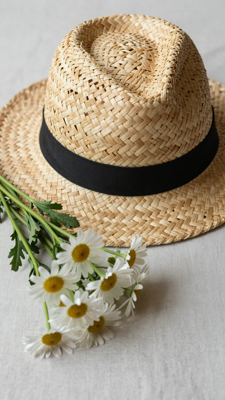 Woven straw hat with a black band sits beside a bunch of white daisies on pale linen fabric