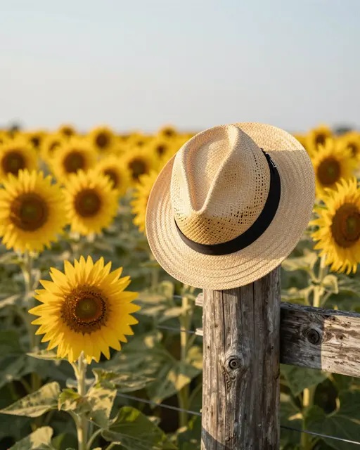 A straw hat rests on a weathered wooden fence post beside a sunflower field at golden hour