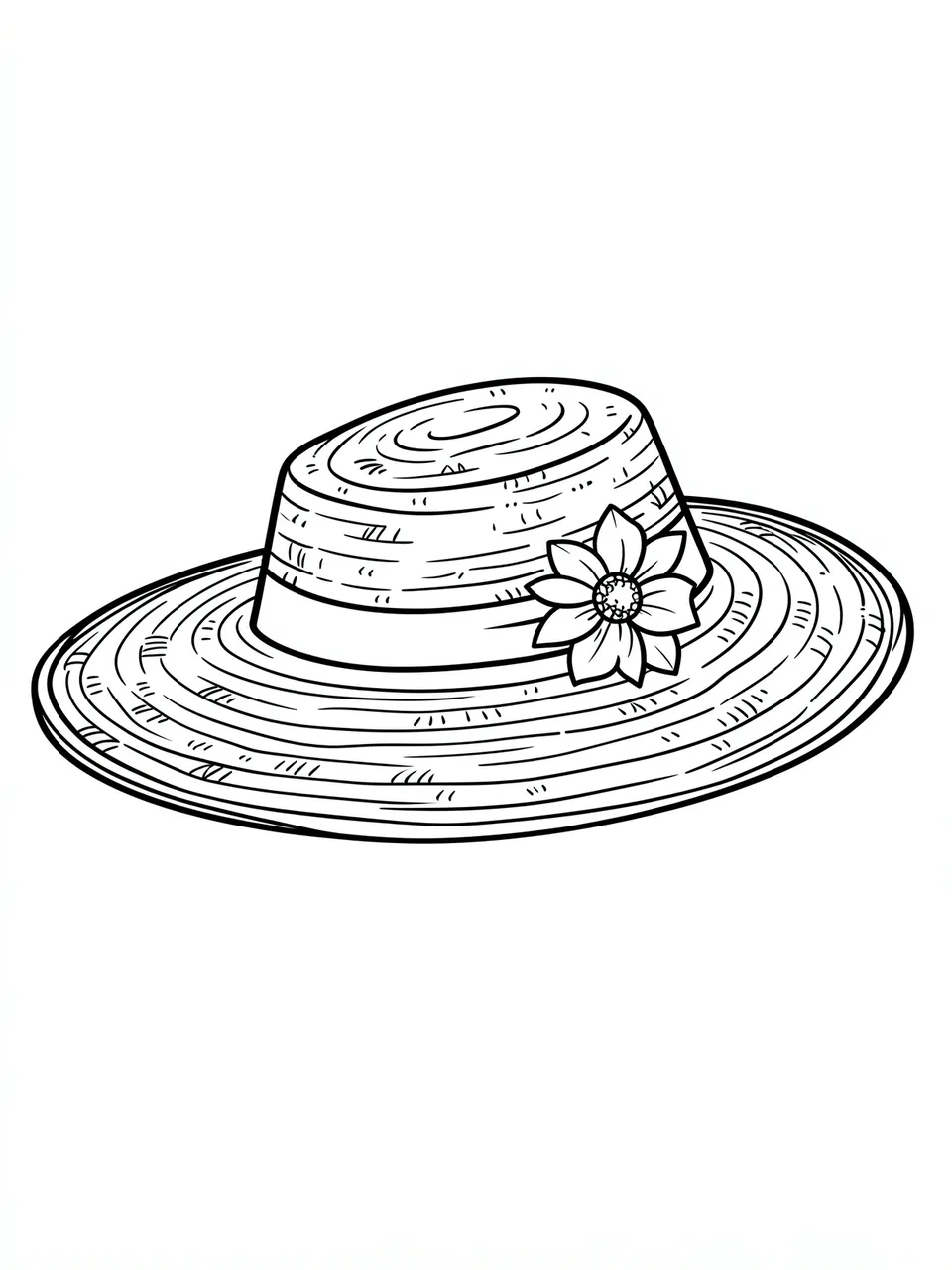 Black and white bold line drawing of a straw sun hat with a flower on its band on a plain white background