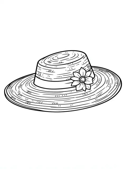 Black and white bold line drawing of a straw sun hat with a flower on its band on a plain white background