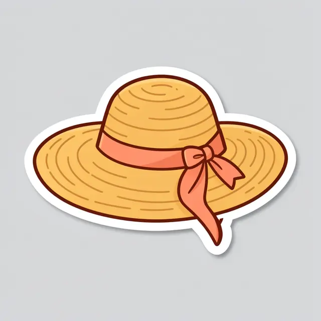 Cute flat illustration of a straw sun hat with a ribbon bow, presented as a die-cut sticker on a light gray background