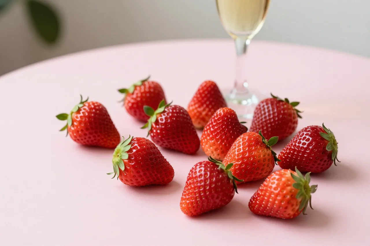 Fresh ripe strawberries arranged on a pink round table with a flute of sparkling champagne behind them