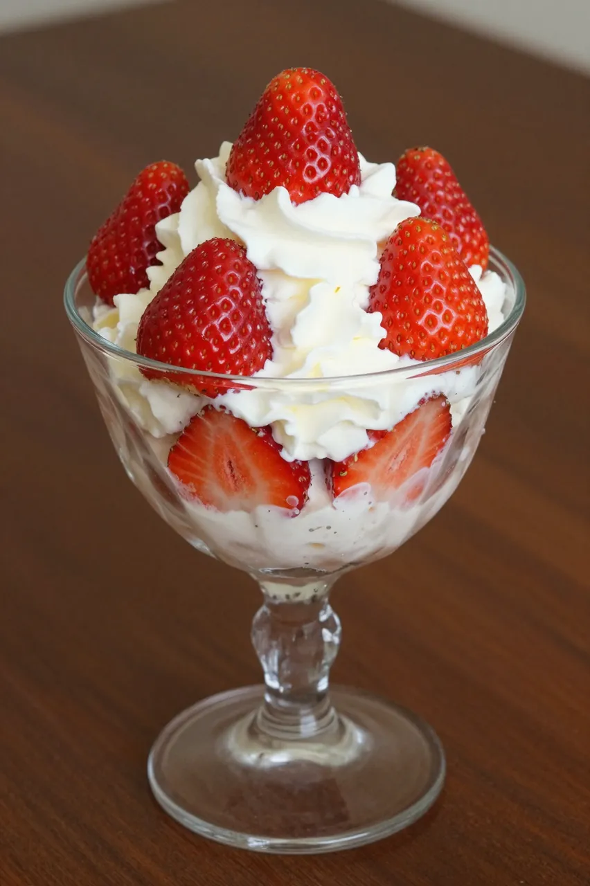 A vintage glass dessert cup filled with whipped cream and fresh whole and sliced strawberries sits on a wooden table.