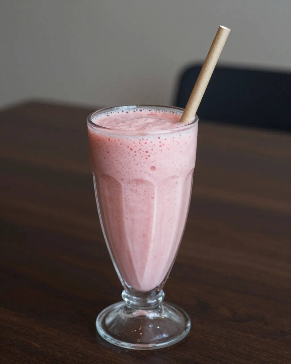 A pink strawberry banana smoothie in a tall fluted glass with a plain kraft paper straw rests on a dark wooden table.