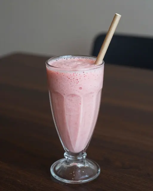 A pink strawberry banana smoothie in a tall fluted glass with a plain kraft paper straw rests on a dark wooden table.